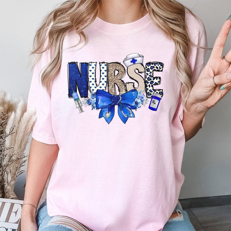 Nurse T-Shirt | Blue Coquette Bow & Floral Stethoscope Design | 100% Premium Cotton | Cute Nursing Graduation Gift for Women RN LPN