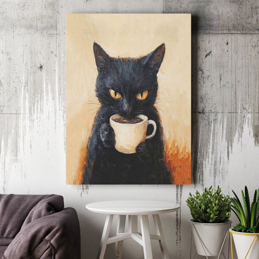 Black Cat Coffee Canvas Wall Art | Funny Grumpy Cat Painting Print | Premium Gallery Wrapped Canvas | Gift for Coffee Lover & Kitchen Decor