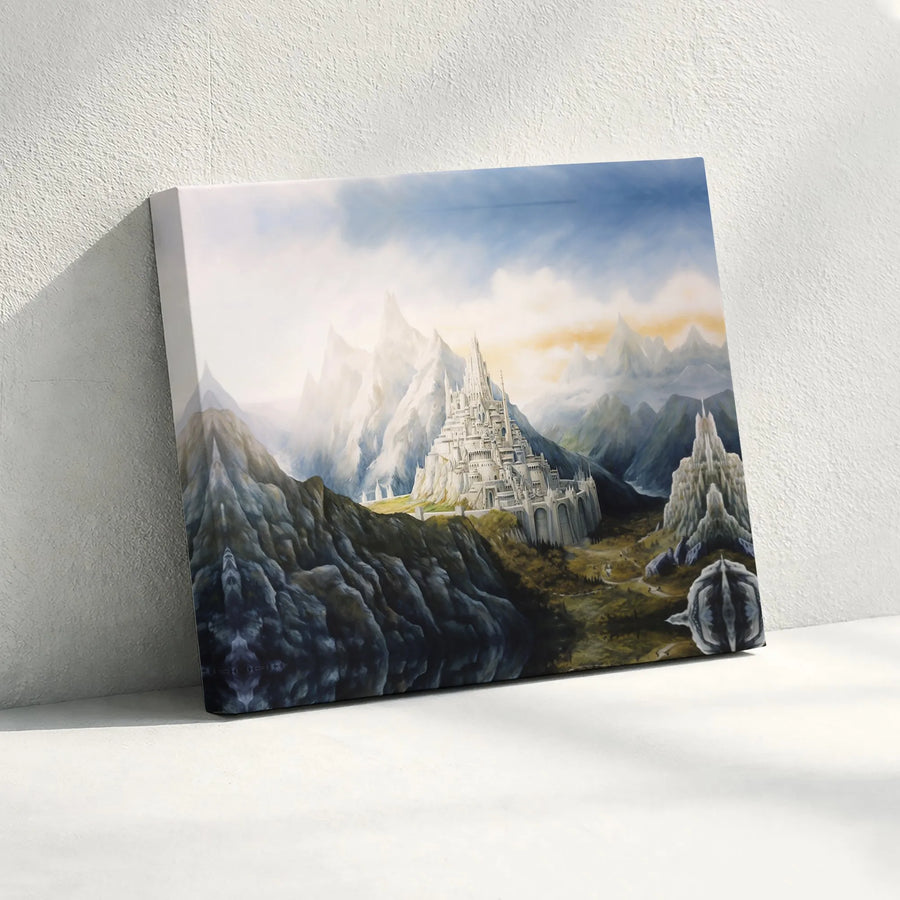 Fantasy White Castle Canvas Wall Art | Epic Mountain Citadel Landscape | Gallery Wrapped 1.25" Profile | Premium Decor Gift For Fantasy Lovers