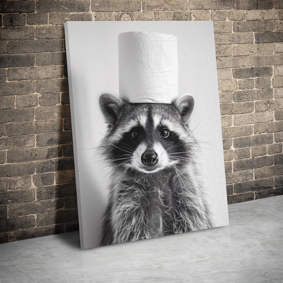 Raccoon Toilet Paper Canvas Wall Art | Funny Animal Bathroom Decor | Premium Gallery Wrap Print | Whimsical Home Office Gift