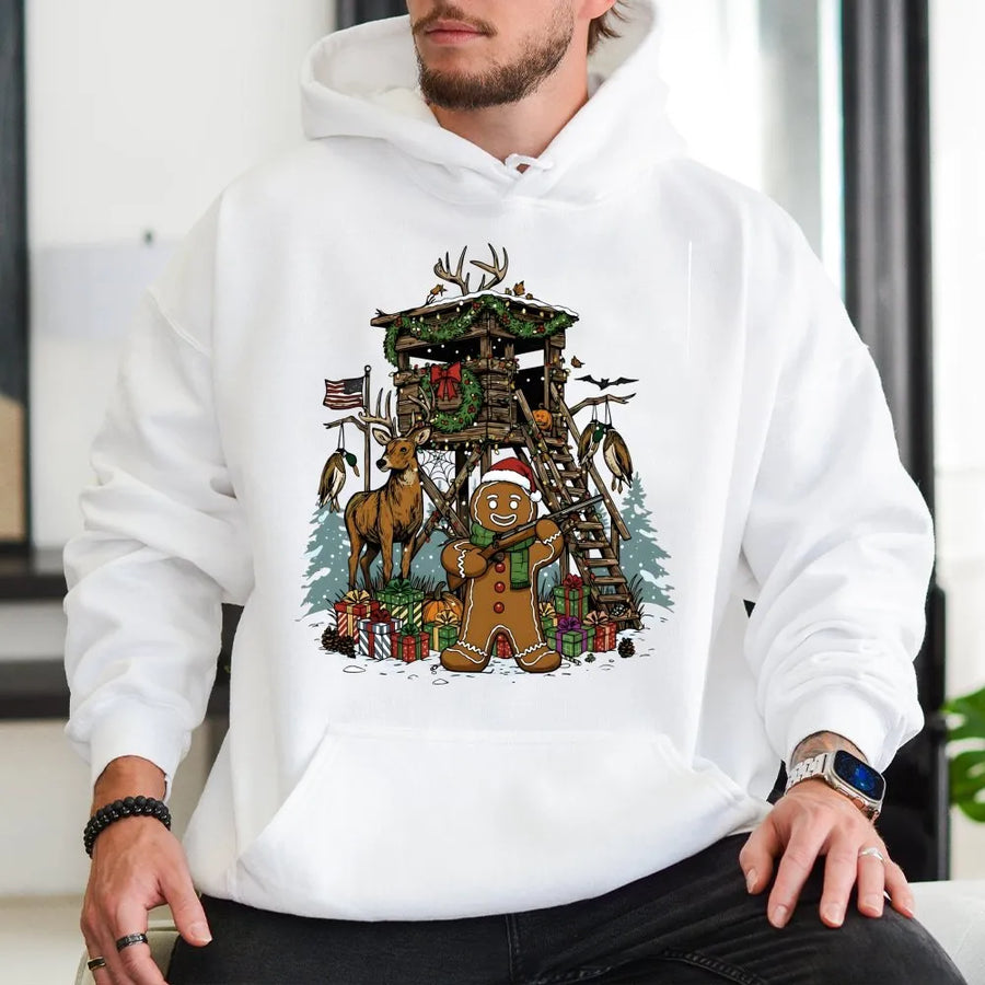 Gingerbread Man Hunting Hoodie | Funny Christmas Deer Hunting Scene | Soft Cotton Blend Unisex Pullover | Unique Gift For Hunter