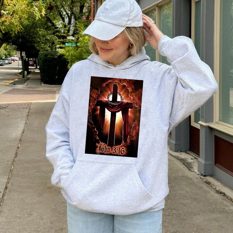 John 3:16 Cross Hoodie | Crown of Thorns Religious Graphic | Premium Cotton Blend | Christian Gift for Men and Women