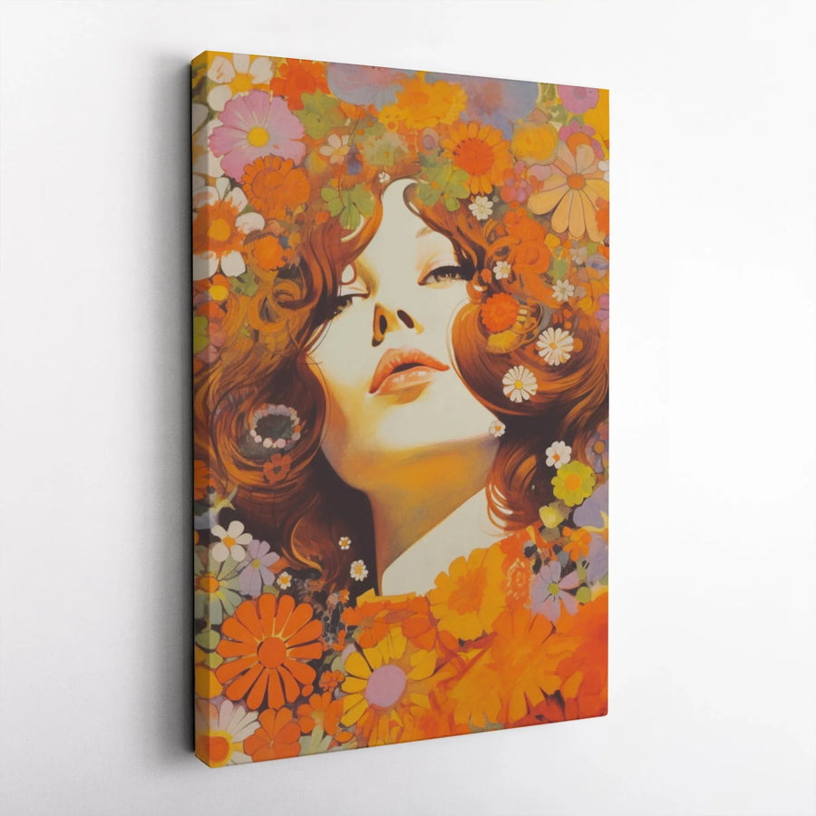 Retro Flower Power Canvas Art | Psychedelic 70s Woman Portrait | Gallery Wrapped Premium Print | Aesthetic Bohemian Wall Decor Gift