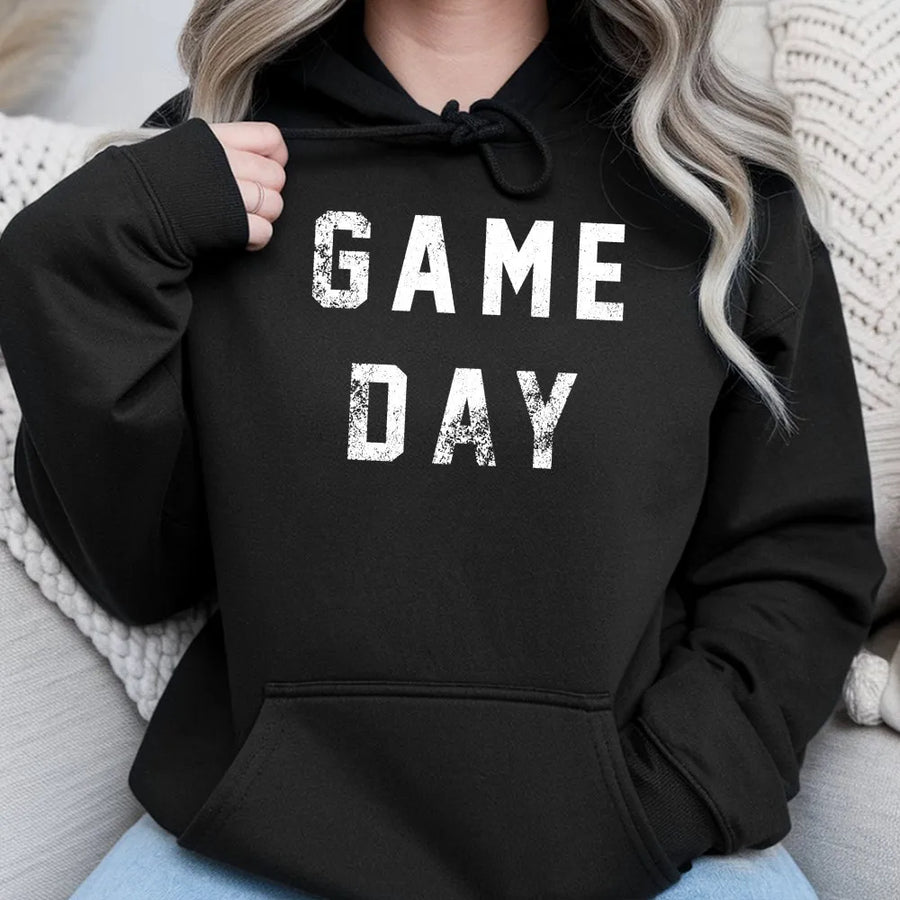 Game Day Football Hoodie | Distressed Athletic Font Graphic | Soft Unisex Cotton Tee | Tailgating Apparel & Sports Fan Gift