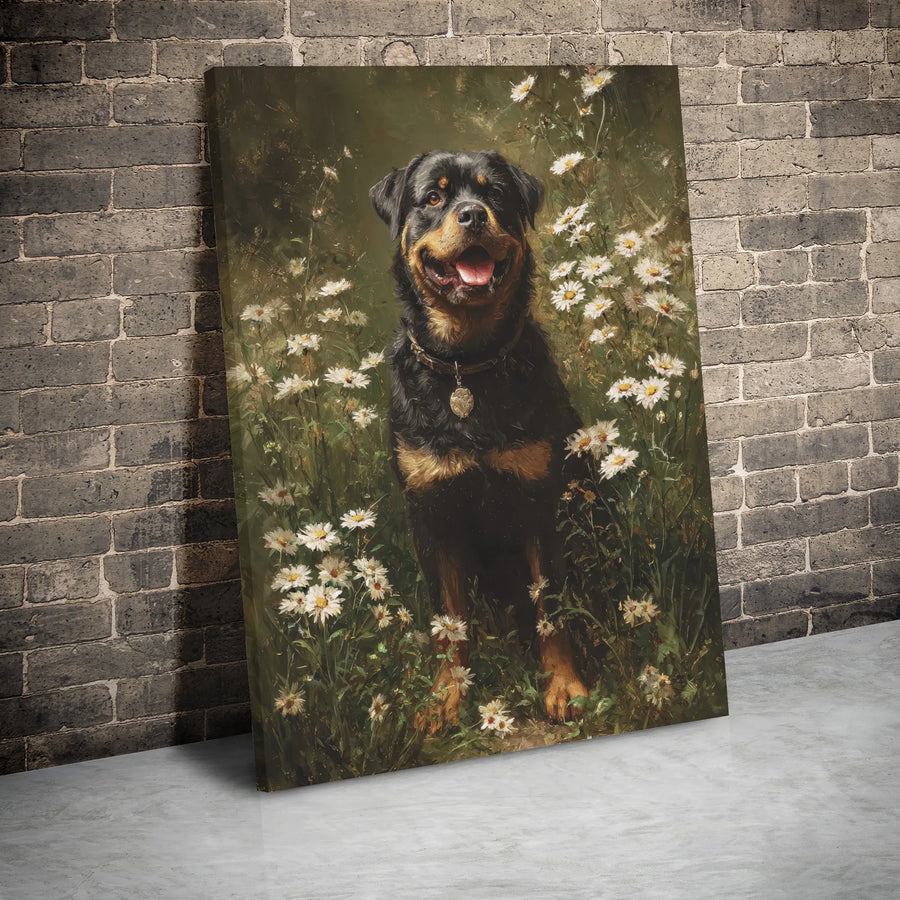 Rottweiler Wall Art | Vintage Oil Painting Style In Daisy Field | Premium Gallery Wrapped Canvas | Dog Lover Gift Home Decor