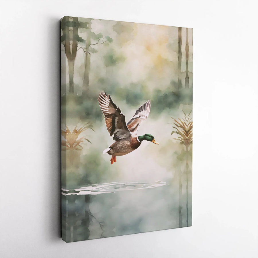 Flying Mallard Duck Canvas Wall Art | Watercolor Misty Lake Landscape | Premium Gallery Wrap Print | Nature Lover Cabin Decor Gift