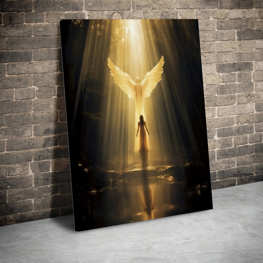 Guardian Angel Canvas Print | Heavenly Light Forest Wall Art | Premium Gallery Wrapped Decor | Spiritual Comfort Gift for Her