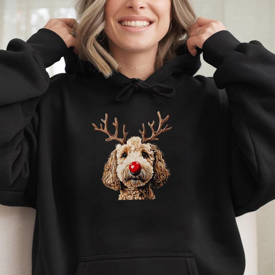 Christmas Goldendoodle Hoodie | Reindeer Antlers & Red Nose Graphic | Cotton-Poly Blend Premium Soft | Holiday Gift for Doodle Mom & Dog Lovers