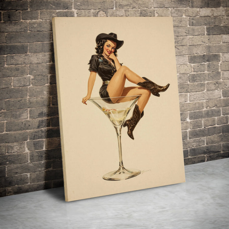 Vintage Cowgirl Pin-Up Canvas Art | Martini Glass Western Retro Poster | Premium 1.25 Inch Gallery Wrap | Bar Decor Wall Art for Home or Office