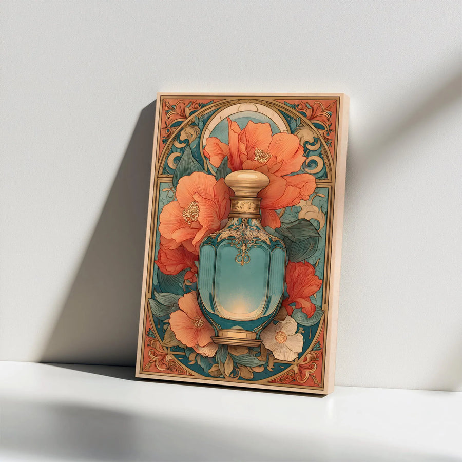Art Nouveau Perfume Bottle Canvas | Vintage Floral Wall Art | Premium Gallery-Wrapped Print | Elegant Botanical Home Decor