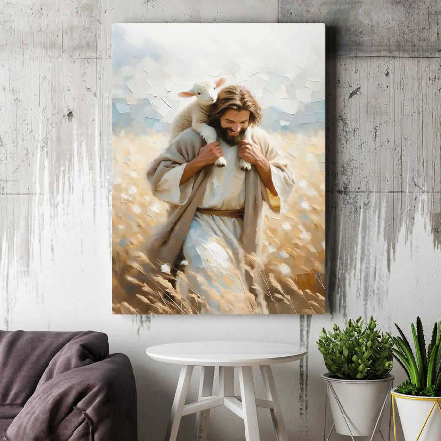 Jesus Christ Good Shepherd Canvas Art | Jesus Carrying Lost Lamb Painting | Premium Gallery Wrapped Canvas | Christian Home Decor Gift