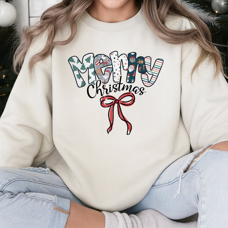 Merry Christmas Sweatshirt | Festive Pattern Lettering with Red Bow | Premium Cotton Blend | Cozy Holiday Gift for Women and Men