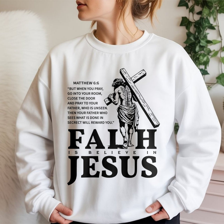 Matthew 6:6 Christian Sweatshirt | Faith Scripture Verse Graphic | Premium Cotton Blend Crewneck | Religious Gift for Men and Women