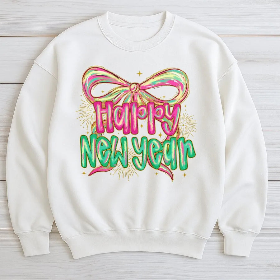 Happy New Year Sweatshirt | Neon Bow And Fireworks Graphic | Soft Cotton Blend Crewneck | Festive Holiday Party Gift For Men And Women