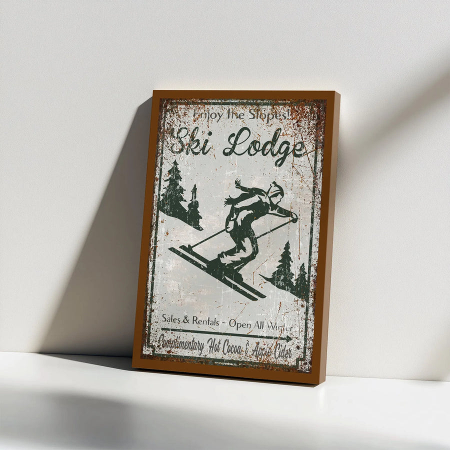 Ski Lodge Wall Art | Vintage Distressed Mountain Scenery | Premium 1.25-Inch Gallery Wrap Canvas | Gift for Skiers and Winter Cabin Decor