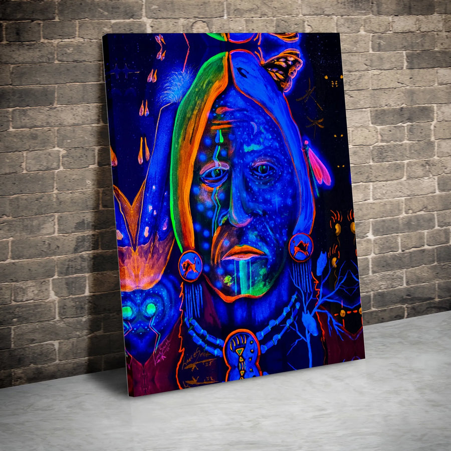 Native American Art Canvas Print | Psychedelic Indigenous Portrait with Neon Colors | Premium Fade-Resistant Canvas | Spiritual Home Decor Gift