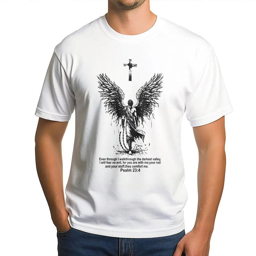 Psalm 23:4 Christian T-Shirt | Angel Wings Guardian Design | 100% Cotton Premium Tee | Faith-Based Religious Gift for Men and Women
