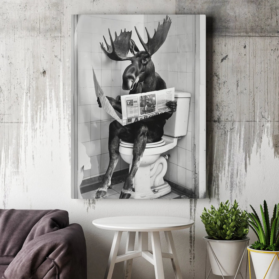 Moose Reading Newspaper on Toilet Canvas Art | Funny Bathroom Wall Decor | 1.25-Inch Gallery Wrap Canvas | Unique Humorous Gift for Men and Women