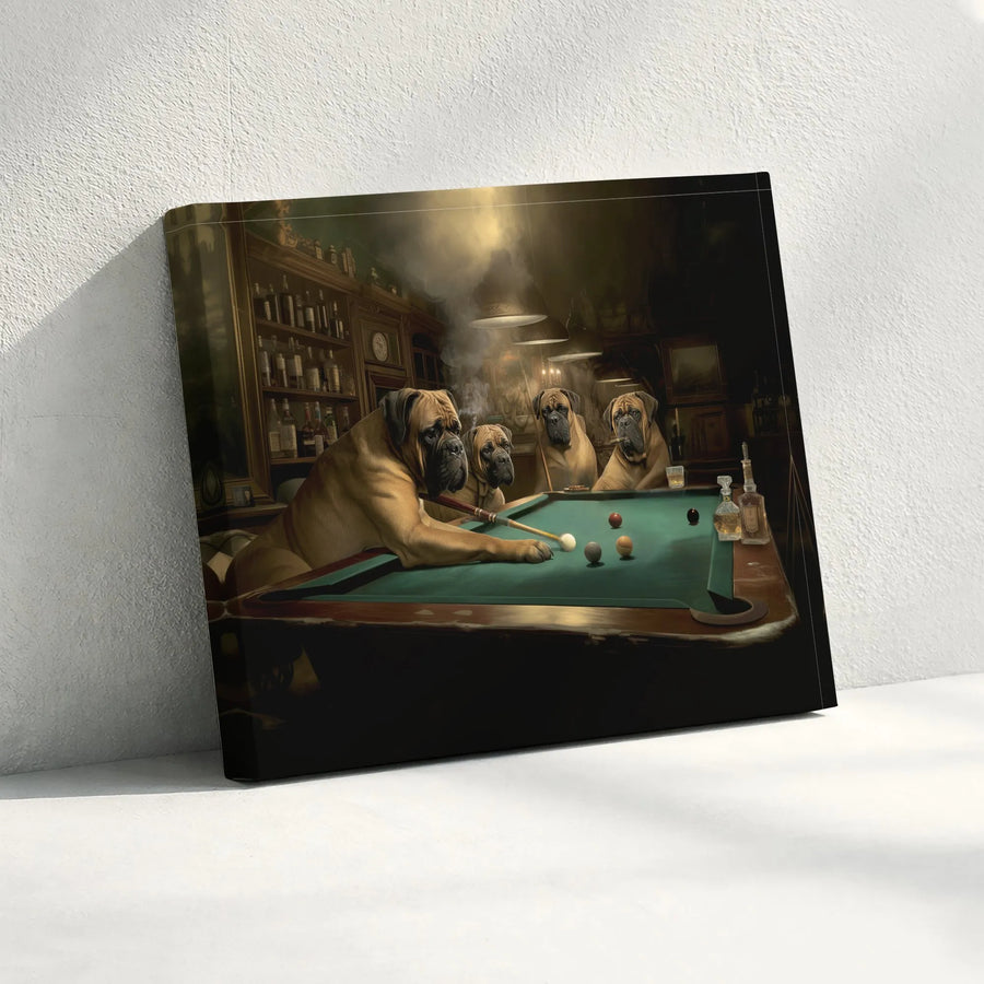Dogs Playing Pool Canvas Wall Art | Funny Bullmastiff Billiards Painting | Premium Canvas Print | Gift for Him, Man Cave Bar Decor
