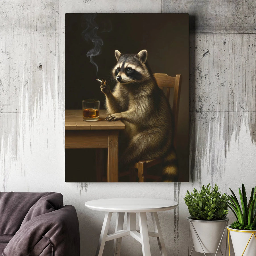 Raccoon Smoking Canvas Wall Art | Funny Animal Painting Portrait | Premium Thick Gallery Wrap | Unique Man Cave Decor & Bar Gift