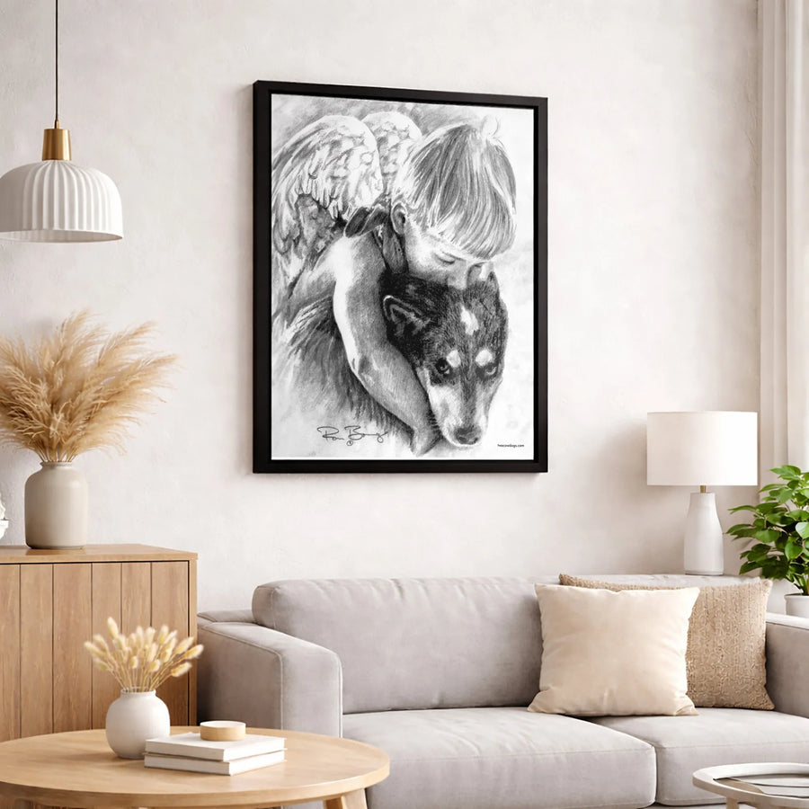 Angel Child Hugging Dog Canvas Wall Art | Emotional Pencil Sketch Illustration | Premium Fade-Resistant Print | Sympathy Gift for Pet Lovers