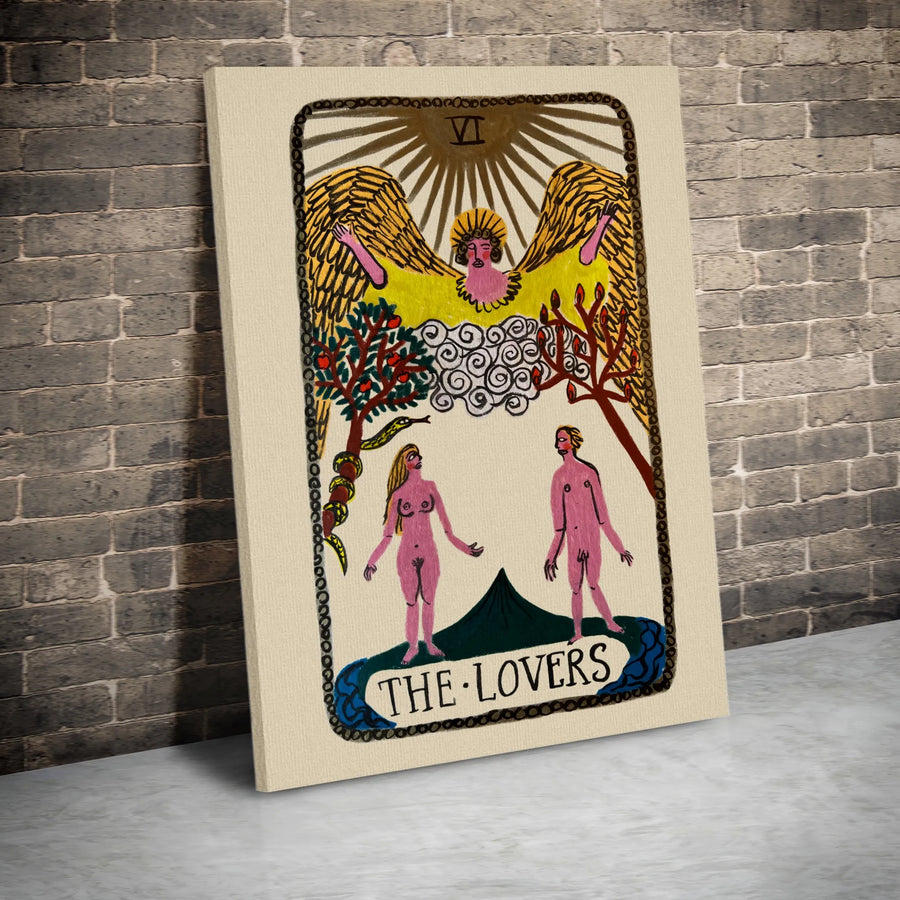 The Lovers Tarot Card Canvas Print | Mystical Hand-Drawn Wall Art | Premium 1.25-Inch Gallery Wrap | Spiritual Home Decor Gift for Her