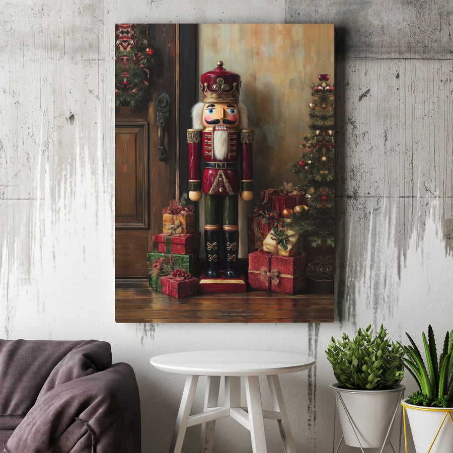 Christmas Nutcracker Wall Art | Vintage Soldier With Holiday Tree Decor | Premium Stretched Canvas Print | Festive Living Room Gift Idea