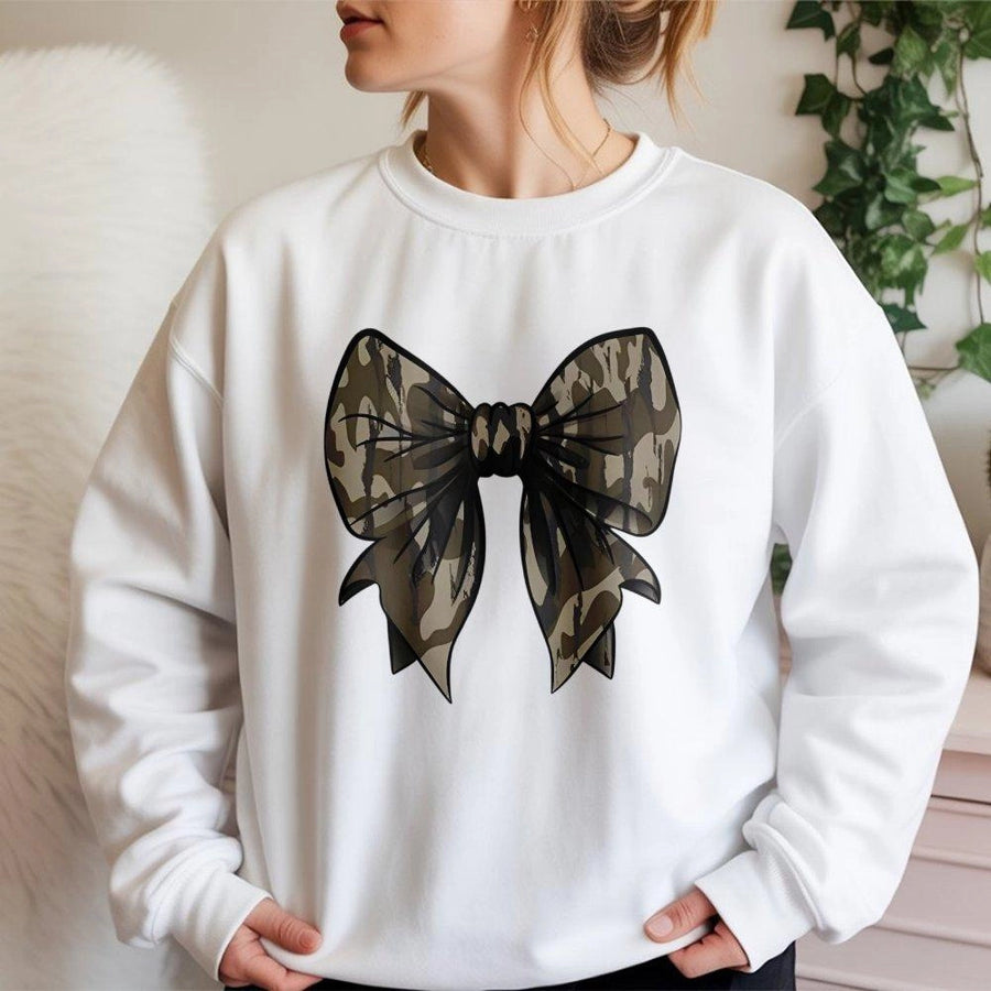 Camo Bow Sweatshirt | Coquette Aesthetic Graphic Print | Premium Cotton Blend Crewneck | Trendy Fall Apparel Gift for Women