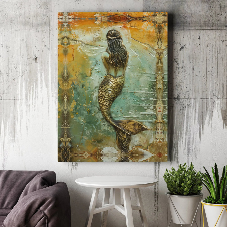 Gold Mermaid Wall Art | Abstract Coastal Canvas Print | Premium Gallery Wrap Decor | Coastal Home Gift For Ocean Lovers