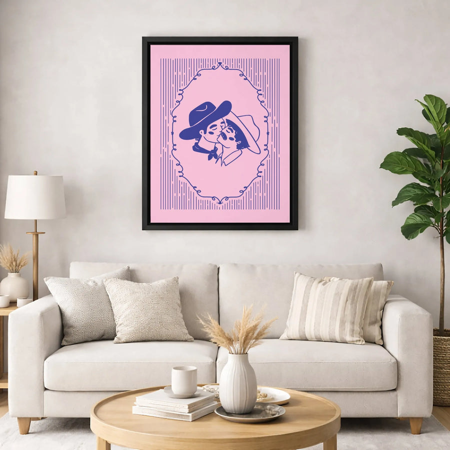 Kissing Cowboys Wall Art | Retro Western Minimalist Print | Premium Gallery Wrapped Canvas | Gay Pride Gift for Couples