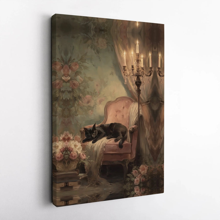 Vintage Black Cat Canvas Art | Moody Dark Academia Painting Print | Premium Frameless Canvas | Gift for Cat Lover, Collector's Living Room Decor