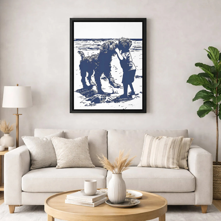 Boy and Dog Beach Art Print | Minimalist Blue Ink Sketch Style | Premium 1.25-Inch Canvas Gallery Wrap | Sentimental Nursery or Home Decor Gift