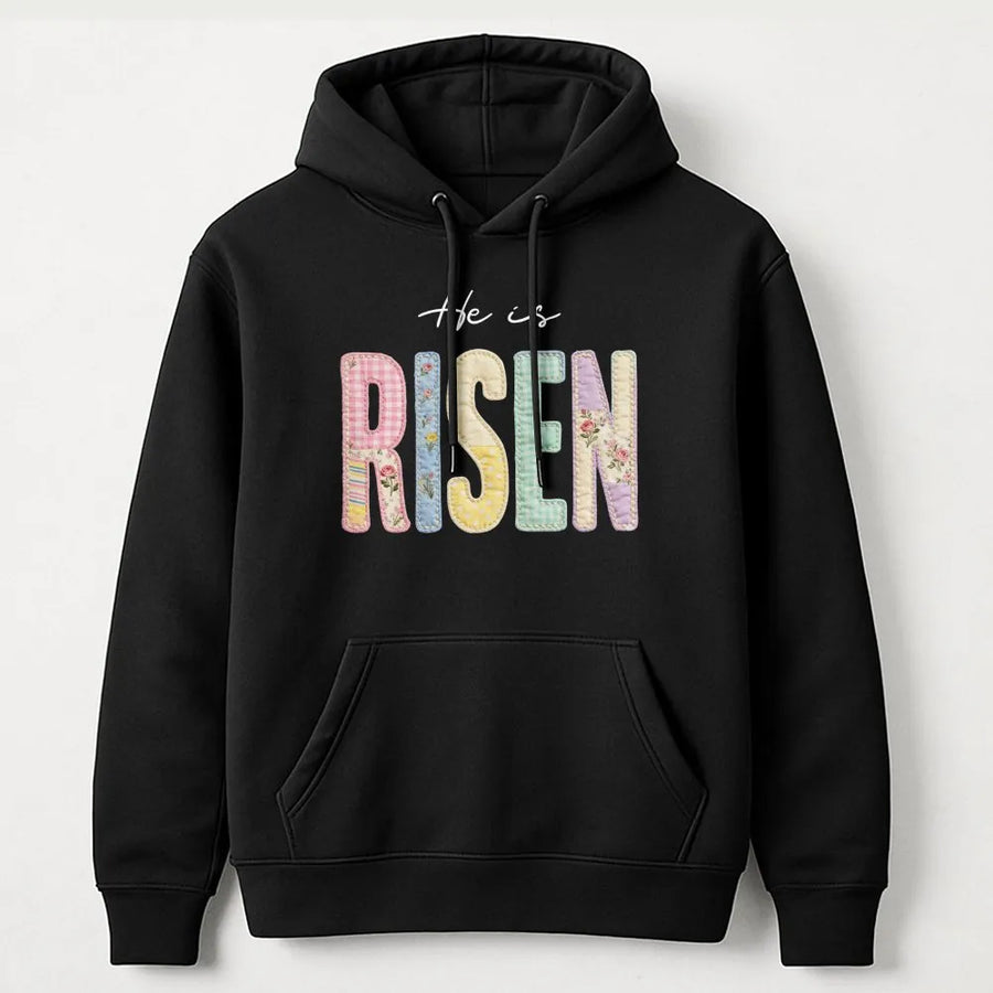 He Is Risen Hoodie | Easter Patchwork Floral Lettering | Premium Cotton Blend | Christian Religious Faith Gift for Women