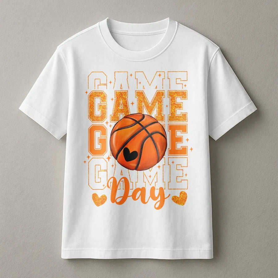 Basketball Game Day T-Shirt | Glitter Heart Graphic Print | Premium Soft Cotton | Basketball Mom Gift For Sports Fan