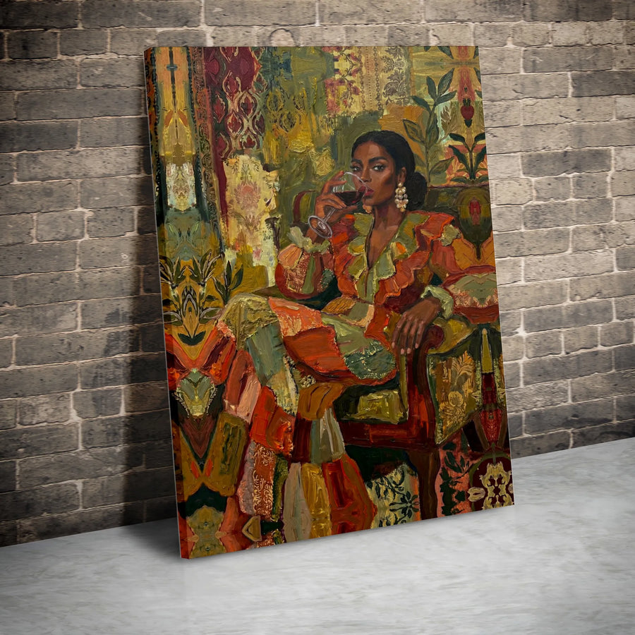 Black Woman Art Print | Elegant Wine Drinking Portrait | Premium Gallery Wrapped Canvas | Sophisticated Home Decor Gift