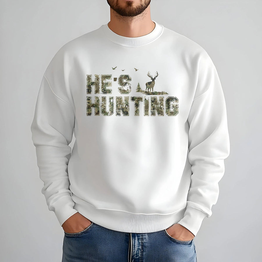 He's Hunting Sweatshirt | Camo Deer Season Graphic Print | Premium Cotton-Blend Pullover | Funny Wife Hunting Season Gift for Her