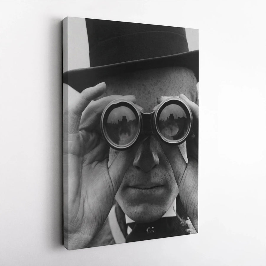Black and White Man with Binoculars Canvas | Cinematic Noir Wall Art | Premium High-Resolution Print | Collector's Gift for Office & Home Decor