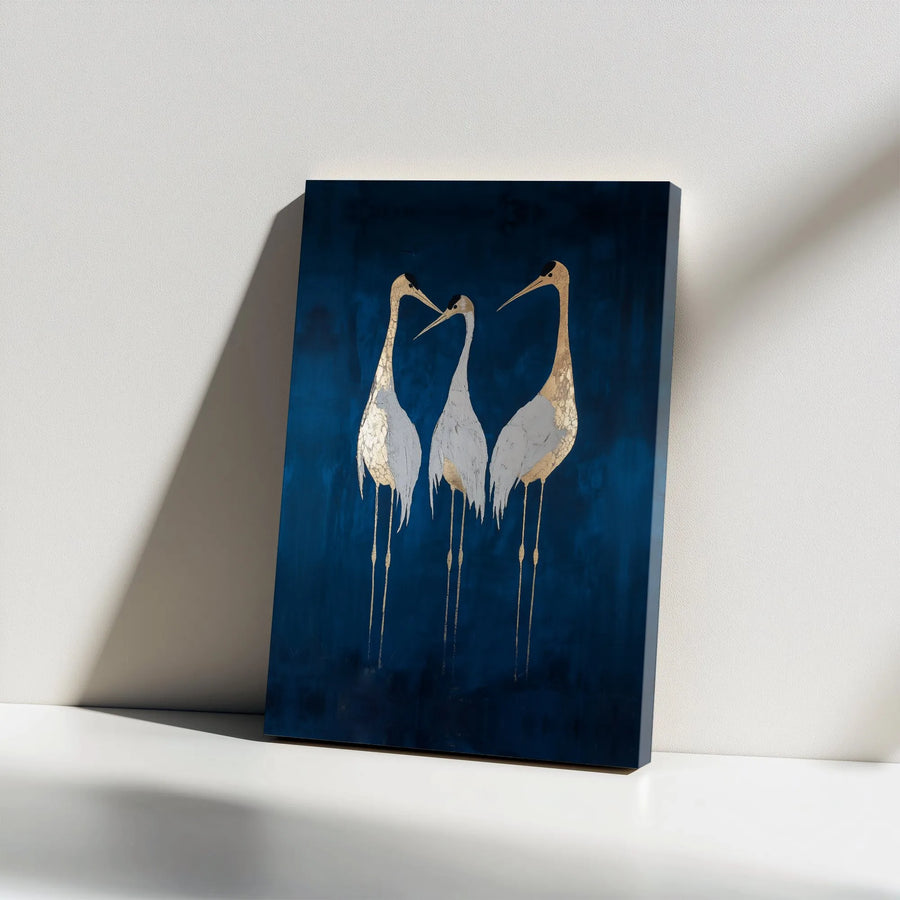 Crane Wall Art Canvas | Elegant Gold And Blue Bird Decor | Premium Gallery Wrap Print | Modern Minimalist Living Room Home Gift