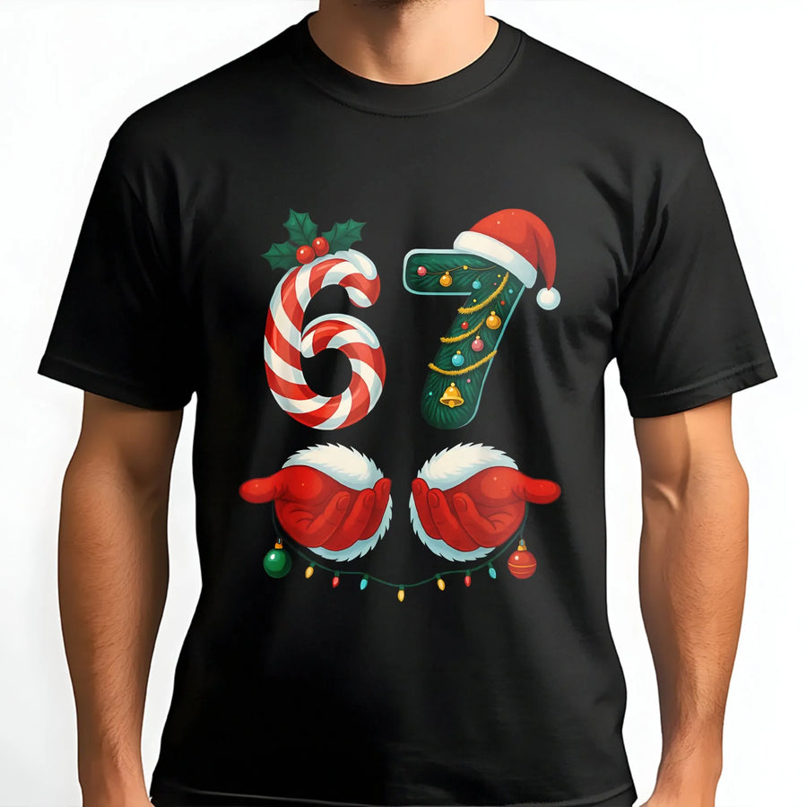 67 Christmas T-Shirt | Candy Cane Number Design | Premium Soft Cotton Blend | Funny Holiday Meme Gift for Gen Alpha and Teens