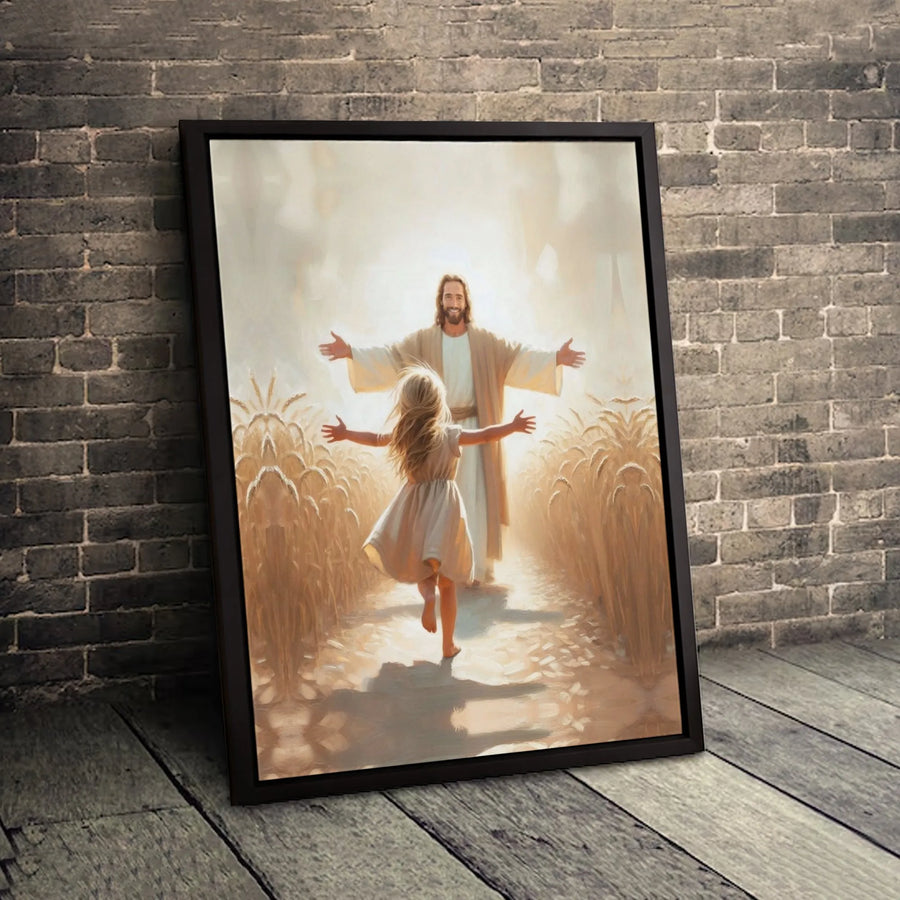 Jesus With Child Wall Art | Girl Running to Open Arms in Wheat Field | Premium Gallery Canvas | Christian Home Decor Gift