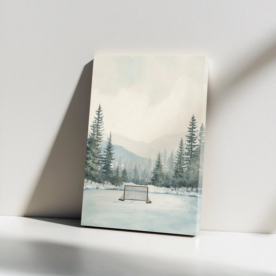 Winter Hockey Pond Canvas Wall Art | Watercolor Forest Landscape with Nostalgic Pond Hockey Scene | Premium Thick Gallery Wrap | Gift for Player, Fan Cave Decor