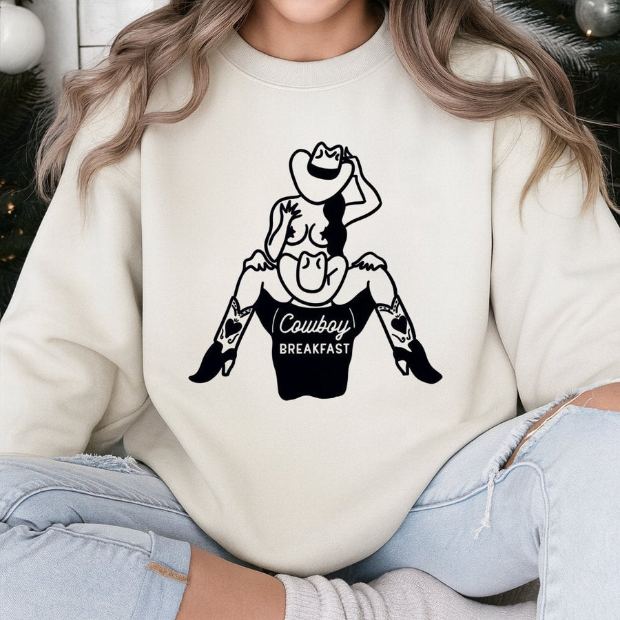 Cowboy Breakfast Sweatshirt | Western Cowgirl Pinup Graphic | Soft Cotton Blend Unisex Pullover | Funny Rodeo Gift for Her