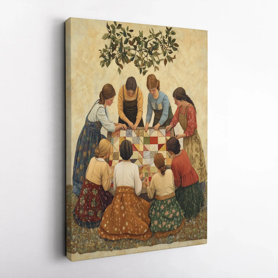 Quilting Bee Canvas Wall Art | Women Sewing Patchwork Quilt Scene | Premium Gallery Wrap Print | Farmhouse Decor Gift for Quilters