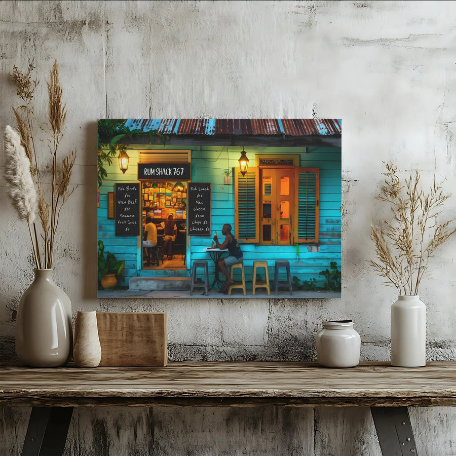 Caribbean Rum Shack Canvas Wall Art | Atmospheric Tropical Bar Scene | Premium Thick Canvas | Coastal Home Decor & Man Cave Gift