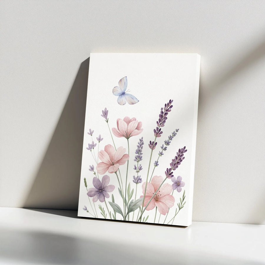Wildflower Butterfly Canvas Wall Art | Watercolor Lavender & Pink Flowers | Premium Gallery Wrap Canvas | Minimalist Botanical Home Decor Gift