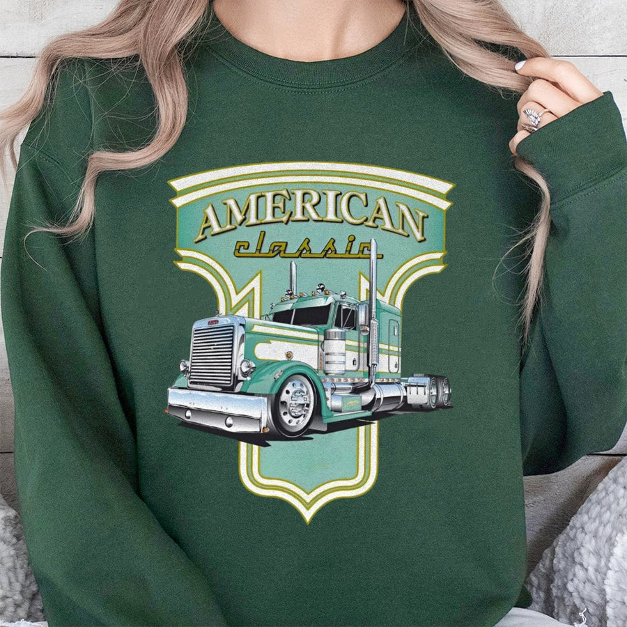 American Classic Semi Truck Sweatshirt | Retro Big Rig Graphic Tee | Premium Cotton Blend Crewneck | Gift for Trucker Dad & Car Lover