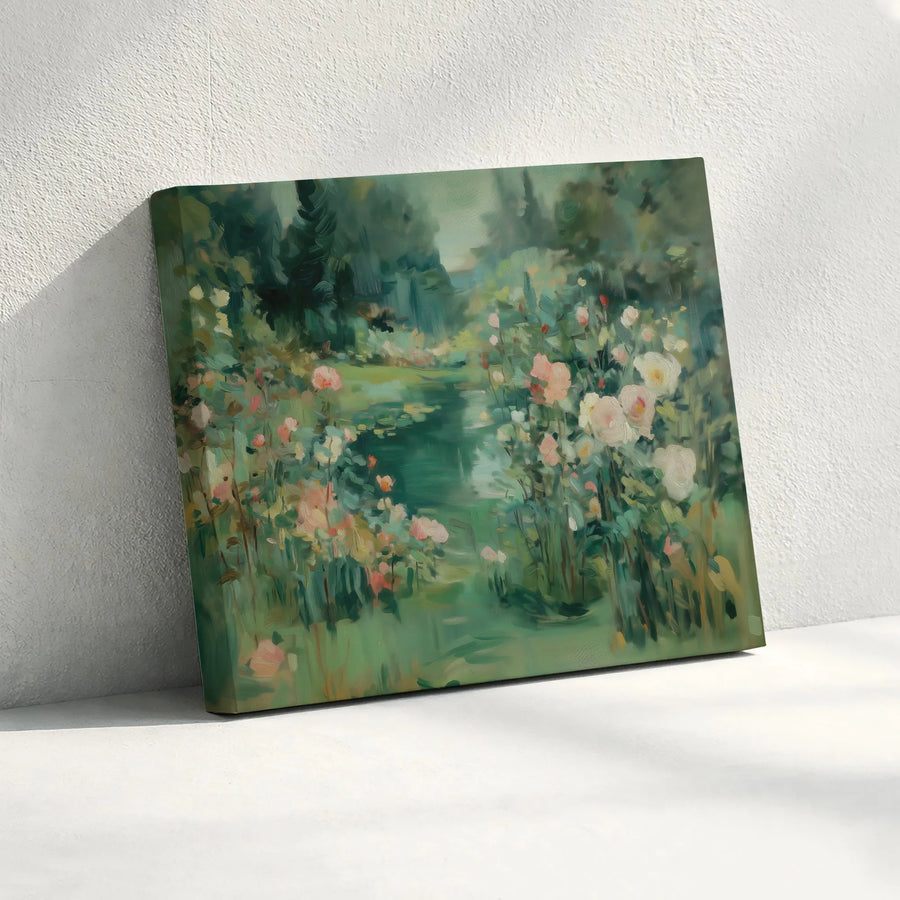 Impressionist Rose Garden Canvas Art | Serene Pond Landscape Print | Gallery-Quality 1.25-Inch Stretched Profile | Home Decor Gift for Nature Lovers