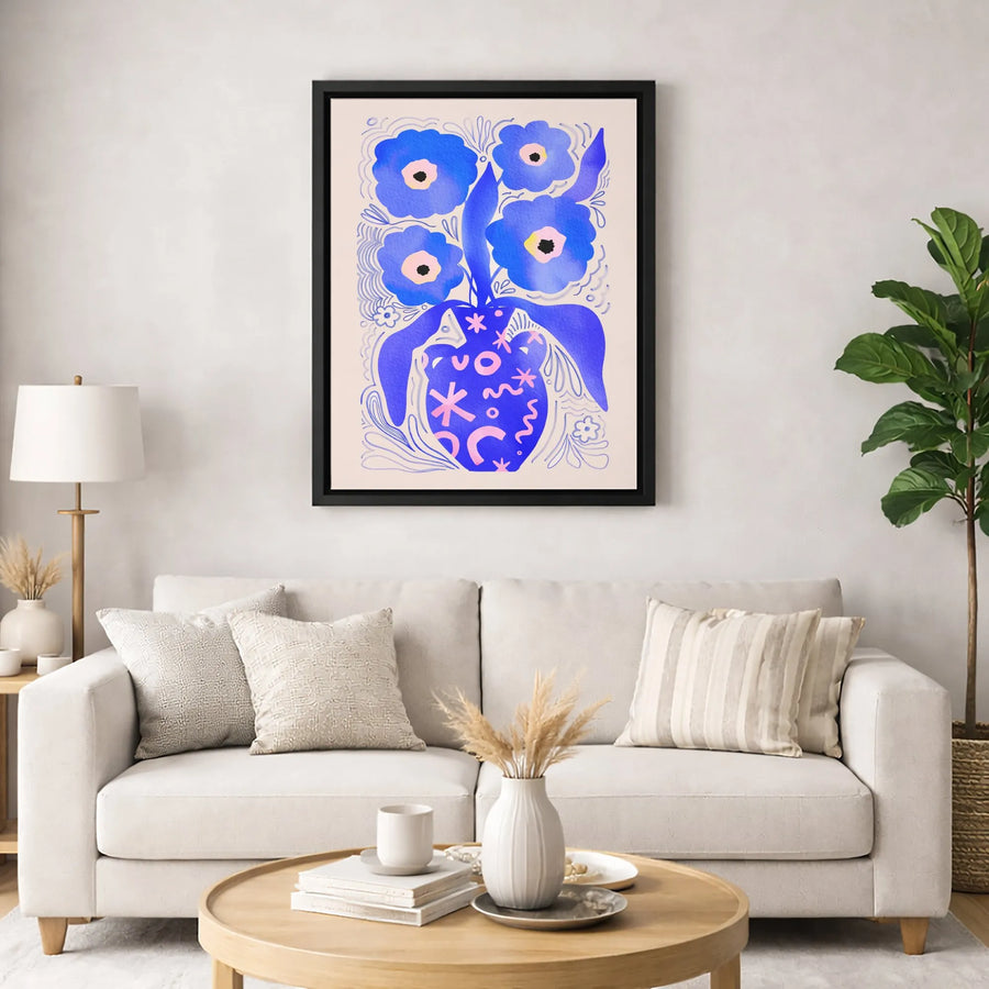 Abstract Blue Flower Canvas Print | Modern Floral Vase Wall Art | Premium Gallery-Wrapped Decor | Botanical Aesthetic Gift for Her