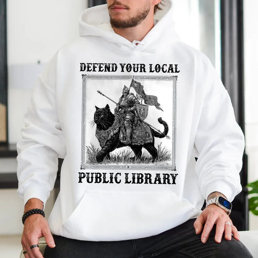 Defend Your Local Public Library Hoodie | Knight Riding Black Cat Graphic | Premium Cotton Blend Sweatshirt | Unique Gift for Book Lovers & Librarians