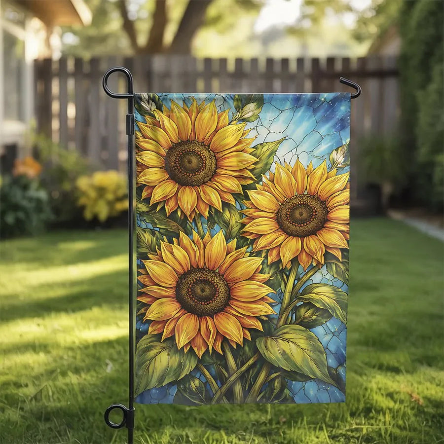 Sunflower Garden Flag | Stained Glass Style Yellow Mosaic Sunflowers | Double Sided Premium Weatherproof Polyester | Summer Lawn Decor & Housewarming Gift